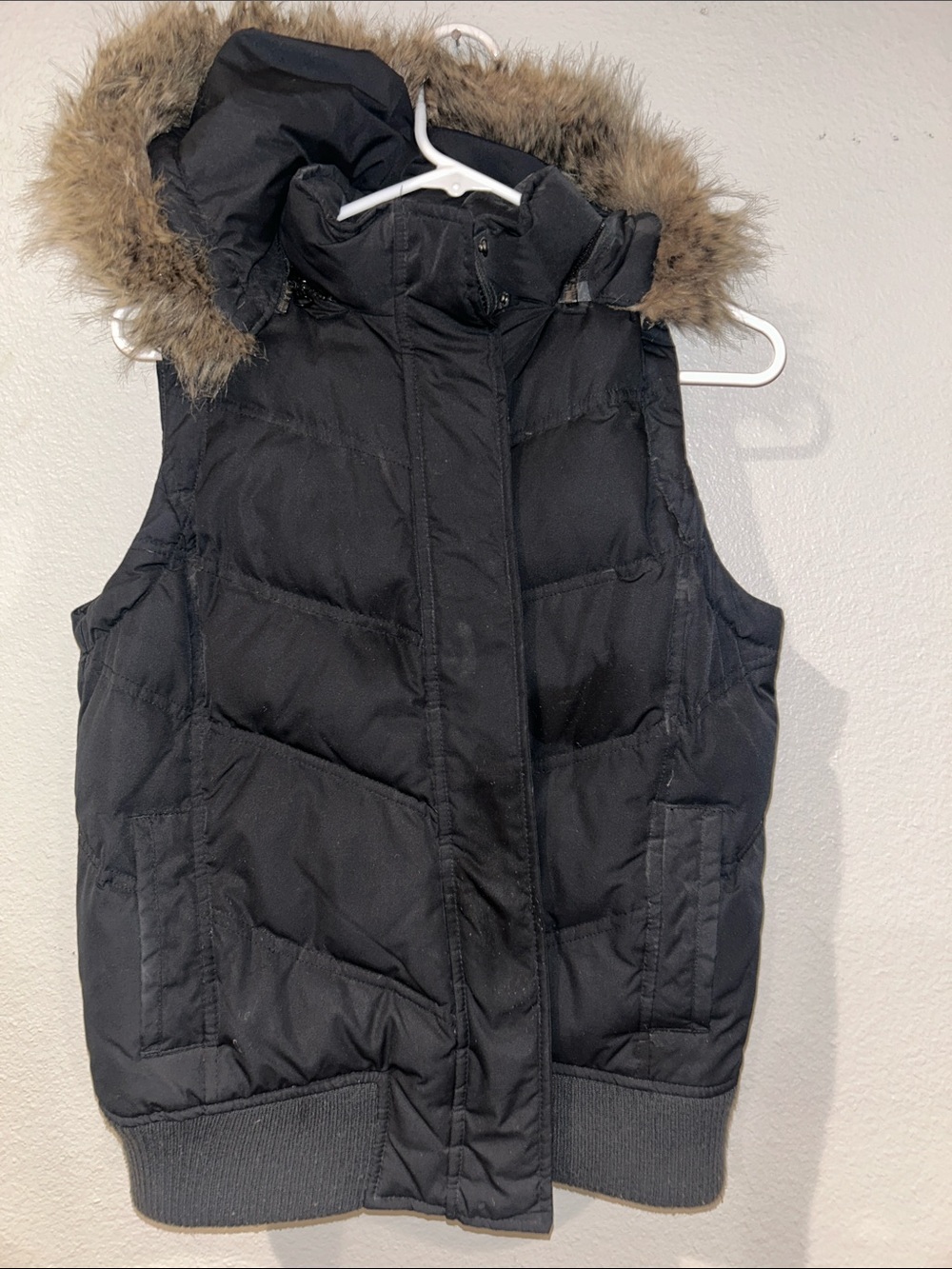 GAP Black Puffer Vest with removable Faux Fur Hood